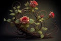 Generative AI: design of roses with twisted branches and thorns in dark background