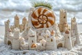 The design of this sand castle is intricate, boasting a spiraled shell accompanied by a green plant Royalty Free Stock Photo