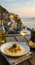 delicious risotto with white wine and cinq terre landscape Royalty Free Stock Photo