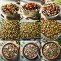 Vegan Recipe Collage with White Beans, Cherry Tomatoes, Corn, and Mixed Beans Royalty Free Stock Photo