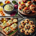 Delicious Cod Brandade Appetizer Collage: Cherry Tomatoes, Cucumbers, Veggie Chips, and Toasts Royalty Free Stock Photo