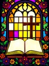 Stained Glass Window with Cross and Open Book â Christian Symbolism Illustration Royalty Free Stock Photo