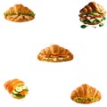 Delicious Croissant Sandwiches Collage with Ham, Cheese, Salmon, Lettuce, and Chicken for Advertising Royalty Free Stock Photo