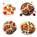 Collage of Porcelain Plates with Heart-Shaped Toasts, Cheese, and Cherry Tomatoes on White Background Royalty Free Stock Photo