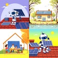 Collage of Flat Illustrations â Robots Installing Solar Panels on Roof, House with Solar Panels and Happy Family Royalty Free Stock Photo