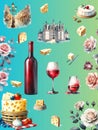 Watercolor Collage of Red Wine, Cheese, French Chateau and Roses Royalty Free Stock Photo