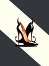 Devilish Louboutin Stiletto â Red and Black with Tail and Horns on Gray Background Royalty Free Stock Photo