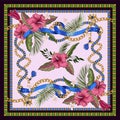 Design scarf with belts, chains and tropical leaves and flowers. Trendy fashion print.