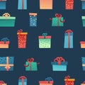 Design seamless pattern for christmas background and Wrapping paper. Wallpaper with illustration present and gift box Royalty Free Stock Photo