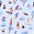 Design of seamless pattern with people on snow on winter holiday. Endless repeatable background with characters walking