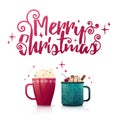 Design seasonal banner Merry Christmas. Poster template with couple of hot beverage mugs. Christmas drinks with coffee