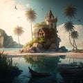 Island in illustration, beach illustration, forest illustration, paradise location, island house, waterfall, ocean and island Royalty Free Stock Photo