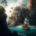 Island in illustration, beach illustration, forest illustration, paradise location, island house, waterfall, ocean and island Royalty Free Stock Photo