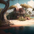 Island in illustration, beach illustration, forest illustration, paradise location, island house, waterfall, ocean and island Royalty Free Stock Photo