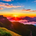 View from the top of the mountain to the clouds and sunset. clouds and sun setting, sun rising, view from above