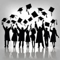 Graduates throwing their mortarboards in the air, illustration on white background.