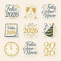 Festive illustration with New Year\'s stickers featuring phrases in Portuguese Royalty Free Stock Photo