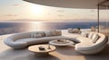 Design a serene oceanfront gathering space with a curved sectional sofa, glass walls, and a private terrace that merges seamlessly