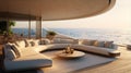 Design a serene oceanfront gathering space with a curved sectional sofa, glass walls, and a private terrace that merges seamlessly