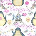 Design Set With Adorable Kawaii Penguin Bird With Hearts And Love Symbols Isolated On White, Concept For Valentine`s Day Greeting