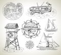 Design set with boats, light house and sea vintage elements