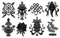 Design set with eight black silhouettes of auspicious symbols of Buddhism isolated on white