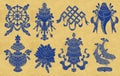 Design set with eight blue silhouttes of auspicious symbols of Buddhism