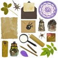 Design set with magic witch bottles, four-leaf clover, candle and hand crafted envelopes. Mystic Halloween concept