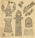 Design set with old tower, castle or fortress with gate and unreadable hand written text.