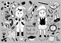 Design set with schoolgirl, schoolboy and school objects