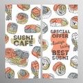 Design set sushi cafe. Japanese Restaurant brochure,flyer.Hand drawn graphic.
