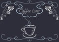 Design signboard for cafe with corner ornament, coffee cup in style hand drawing