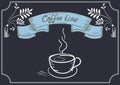 Design signboard for cafe with ornament, coffee cup in style hand drawing