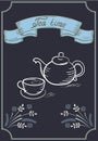 Design signboard for cafe with ribbon and tea cup with kettle Royalty Free Stock Photo