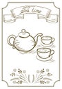 Design signboard for cafe with ribbon and tea cup with kettle Royalty Free Stock Photo