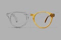 Design sketch draft beige color eye glasses isolated on gray background, ideal photo for display or advertising sign or for a web