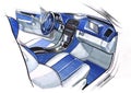 Design sketching the interior of a sports car coupe. Illustration.