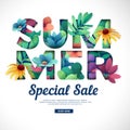 Design special sale print for summer season. Logo with flower, leaf, herb and branch decoration. Text Summer cut paper Royalty Free Stock Photo