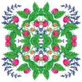 Design for square pocket, shawl, textile. Strawberry floral pattern Royalty Free Stock Photo