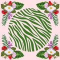 Design for a square shawl or headscarf. Zebra print with flowers on pink background.