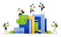 Design of students climb neat piles of books for literacy education, financial literacy for school students. Illustration for