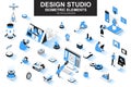 Design studio bundle of isometric elements. Ui UX design, font typography, front end development, interface design, website Royalty Free Stock Photo