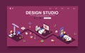 Design studio concept 3d isometric landing page template. People work in creative agency, create graphic content, develop logos Royalty Free Stock Photo