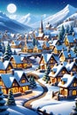 A design of a stunning christmas village, with mountain, snow, christmas tree, moon, nature view, cartoon, postcard, dreamlike