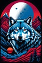 A design style of RVCA, a blue charming wolf with moon, mountain and tree, in psychedelic graphic design, animal, t-shirt print