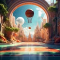 design a surreal basketball court scene with floating elements and dreamlike aesthetics trending