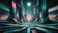 Design a surreal landscape where abstract cyber defenses weave through a mesh of interconnected data stream