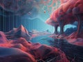 Design a surreal landscape where abstract cyber defenses weave through a mesh of interconnected data stream