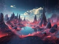 Design a surreal landscape where abstract cyber defenses weave through a mesh of interconnected data stream