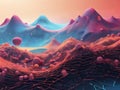 Design a surreal landscape where abstract cyber defenses weave through a mesh of interconnected data stream